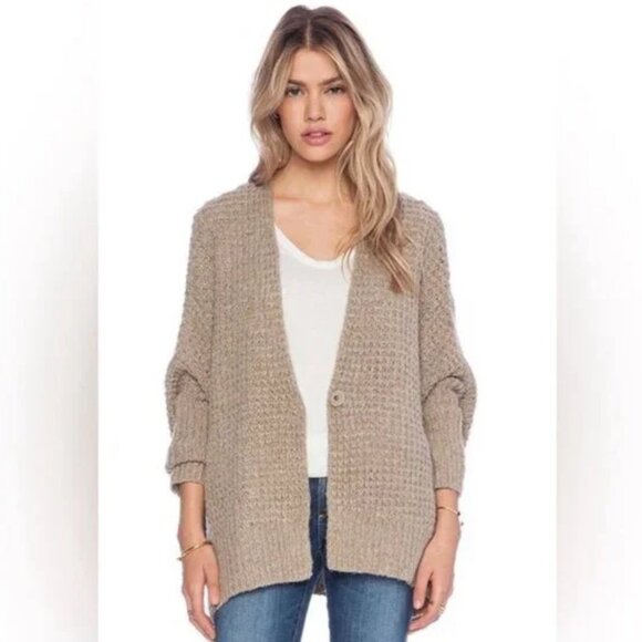FREE PEOPLE Breeze Oversized Waffle Knit Cardigan in Teak - Picture 1 of 10